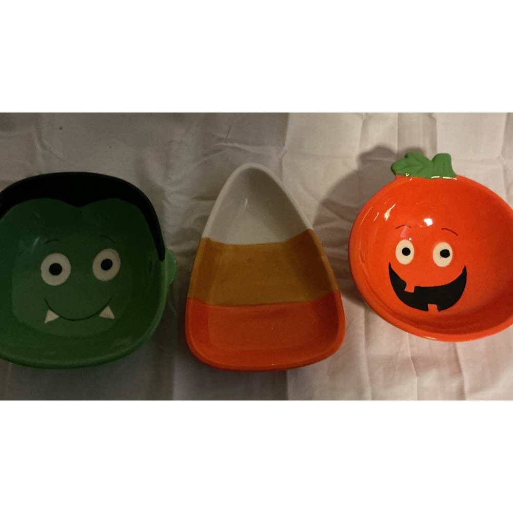 Lot of 3 Vintage‎ Halloween Bowls Candy Corn, Frankenstein And Jack-O-Lantern